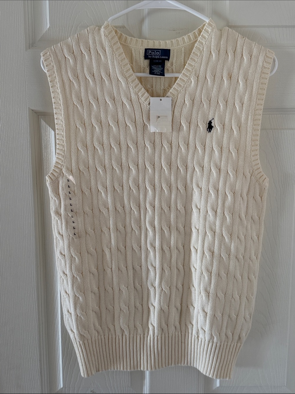 Polo by Ralph Lauren Ivory Cable-Knit V-Neck Vest with Navy Pony